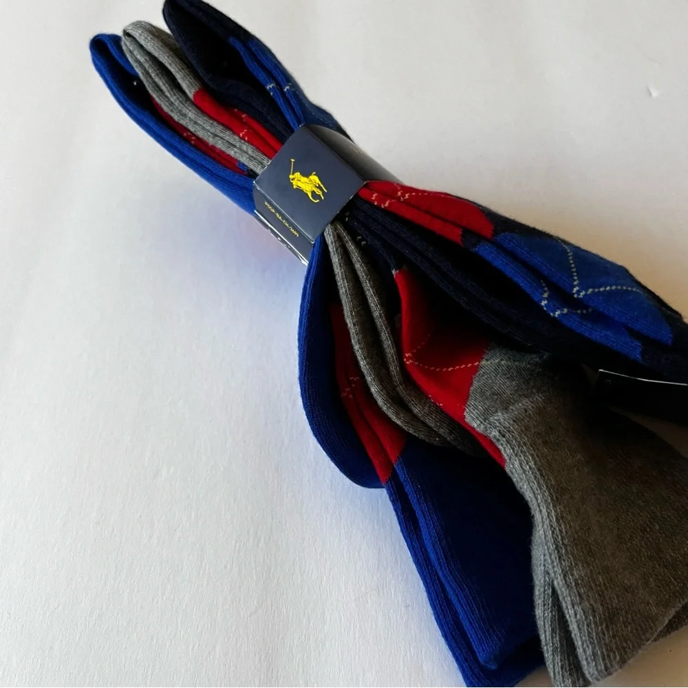 RALPH LAUREN POLO MENS 3 Pair COTTON BLEND SOCKS ARGYLE MIX BLUE RED GRAY OS NWT